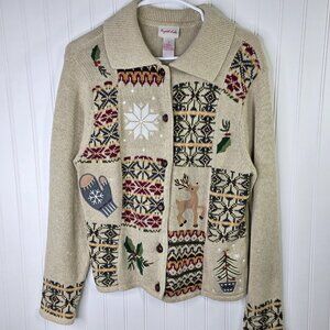 Vintage Crystal Kobe Cardigan Sweater Womens Medium Beige Holiday 90s Cottage